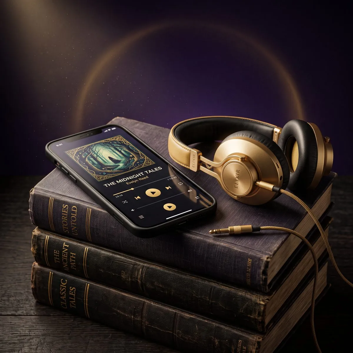 Phone playing an audiobook next to gold headphones on a stack of old books